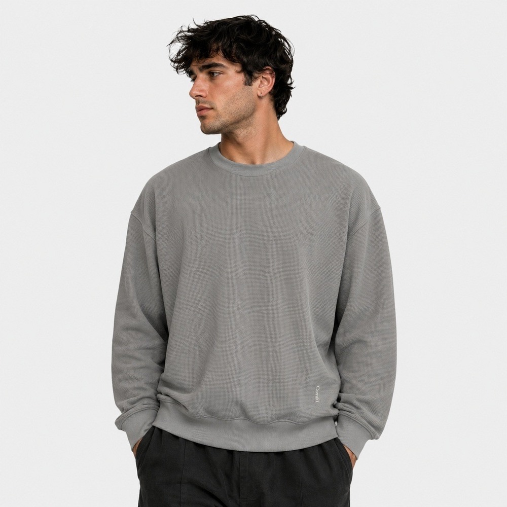 Comfrt Sweatshirt Mens Small Gray Waffle Knit Crewneck Loungewear Streetwear‎